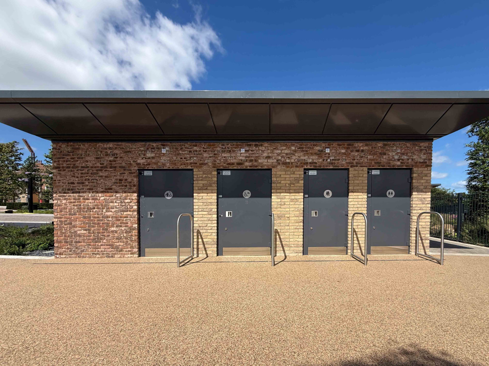 Public toilet block with distinctive roof